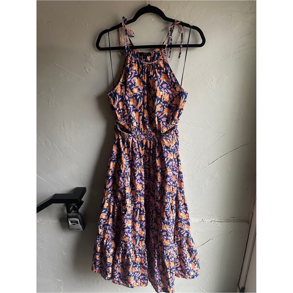 J.Crew Harbor Dress S Dark Blue Floral Cutout Maxi Boho Resort Vacation Cotton